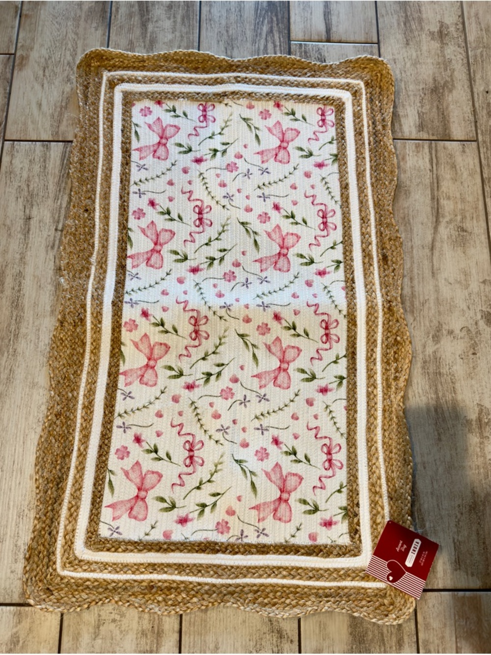 Cottagecore Bow Floral Accent Rug 27x45 | Jute Trim Handmade India - Picture 4 of 7